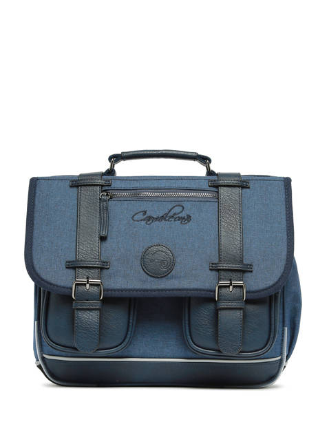 Boekentas 2 Compartimenten Cameleon Blauw vintage color Deze schooltas uit de Vintage collectie van het merk Caméléon heeft een breedte van 35 cm. Ideaal voor de kleuterklas en het eerste leerjaar. Dit model heeft een duidelijke vintage look, dankzij de twee voorvakjes en de riempjes met gesp. Deze boekentas beschikt over twee compartimenten, die schriftjes (24x32 cm) en andere kleine spulletjes kunnen bevatten. Onder de overslagflap bevindt zich ook een uniek opbergvak, met daarin een gratis liniaal! De twee vakjes met rits vooraan zijn ideaal om een snack of zakdoek in op te bergen. Dit model beschikt ook over een naamlabel, en kan makkelijk gesloten worden dankzij een dubbel kliksysteem. Voor optimaal comfort zijn de rugzijde en schouderbandjes extra gewatteerd. Dankzij enkele reflectoren kan uw kind zich ook veilig in het verkeer begeven. Vintage op z'n mooist! ander zicht 7