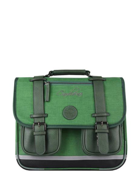 Boekentas 2 Compartimenten Cameleon Groen vintage color Deze schooltas uit de Vintage collectie van het merk Caméléon heeft een breedte van 35 cm. Ideaal voor de kleuterklas en het eerste leerjaar. Dit model heeft een duidelijke vintage look, dankzij de twee voorvakjes en de riempjes met gesp. Deze boekentas beschikt over twee compartimenten, die schriftjes (24x32 cm) en andere kleine spulletjes kunnen bevatten. Onder de overslagflap bevindt zich ook een uniek opbergvak, met daarin een gratis liniaal! De twee vakjes met rits vooraan zijn ideaal om een snack of zakdoek in op te bergen. Dit model beschikt ook over een naamlabel, en kan makkelijk gesloten worden dankzij een dubbel kliksysteem. Voor optimaal comfort zijn de rugzijde en schouderbandjes extra gewatteerd. Dankzij enkele reflectoren kan uw kind zich ook veilig in het verkeer begeven. Vintage op z'n mooist!